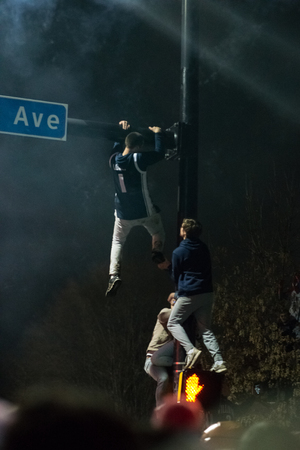 Villanova, Pennsylvania, USA. 2nd Apr, 2018. Students and fans celebrate Villanova University Mens Basketball team winning the NCAA championshipのeditorial素材