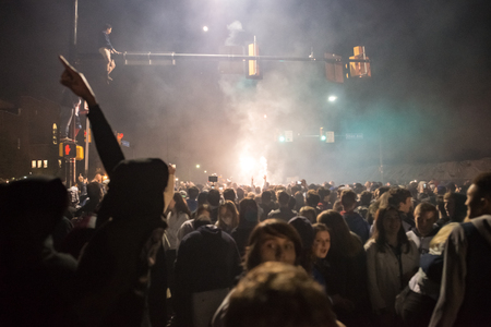 Villanova, Pennsylvania, USA. 2nd Apr, 2018. Students and fans celebrate Villanova University Mens...