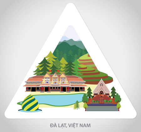Travel to Vietnam. Da Lat symbols in illustration. Set of Da Lat cultural symbols.  - Vectorのイラスト素材