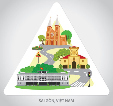 Travel to Vietnam. Saigon landscape illustration, saigon symbols, Hochiminh city in illustration. Set of Saigonese cultural symbols.  - Vectorのイラスト素材