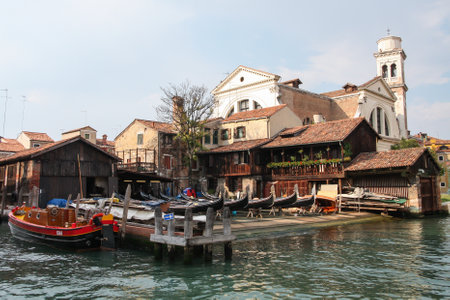 Dorsoduro, Venice, Italy Sept 3 2008: Squero di San Trovaso (boatyard) gondola workshop near the Zattere promenade. Italian gondolas go here for repairs and maintenance.のeditorial素材