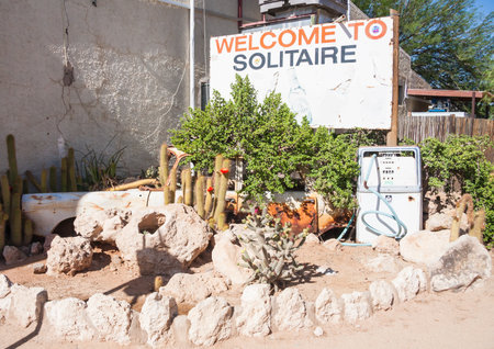 Solitaire, Namibia Nov 30 2016: Welcome sign at Solitaire service station. This is an iconic tourist stop in the middle of the desert in central Namibia.のeditorial素材