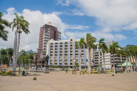 Port Louis, Mauritius March 17 2017: Port Louis the capital city of Mauritius under a blue sky. It is the economic centre of the island.のeditorial素材