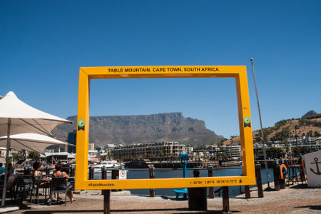 Cape Town, South Africa, February 17 2017: Yellow Table Mountain frame in V&A Waterfront. This is an iconic photo point for tourists.のeditorial素材