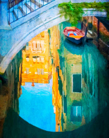 Boat on the canal, under the bridge Venice, Italy, artwork watercolor. Can be used for websites, brochures, posters, printing and design.の写真素材