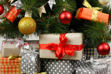 Christmas tree with decorations and gifts boxesの写真素材