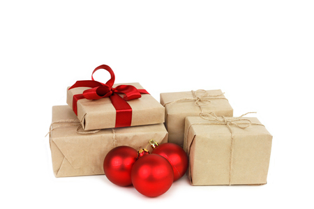 Gifts boxes and Christmas red ballsの写真素材