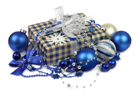 Gift box and blue balls for Christmasの写真素材