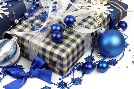 Gift box and blue balls for Christmas closeupの写真素材