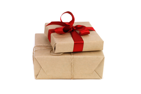 Christmas gifts boxes isolated on white backgroundの写真素材