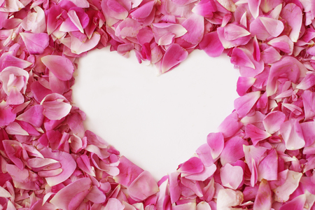 Pink rose petals make a heart shape for Valentines Dayの写真素材