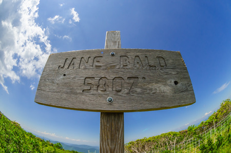 A fisheye lense captures the brilliant blue sky above the Jane Bald elevation markerの写真素材