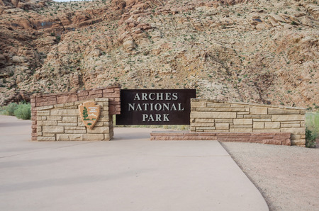 June 30, 2015. Moab, Utah. The welcome sign to Arches National Parkの写真素材