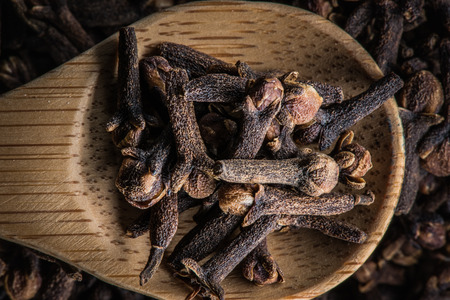 Wooden spoon with cloves in a pile of clovesの写真素材