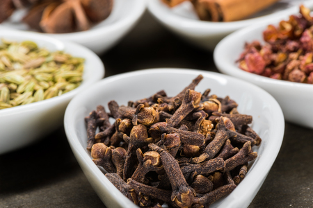Cloves in white spoon with other Chinese five spice ingredients surrounding itの写真素材