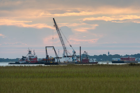 October 2, 2016: Tybee Island, United States: Dredging Crew on Tybee Island clears debris from the channel to let the water remain deepのeditorial素材