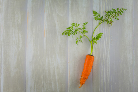 Small Carrot with Greens on White Painted Wooden Boardの写真素材
