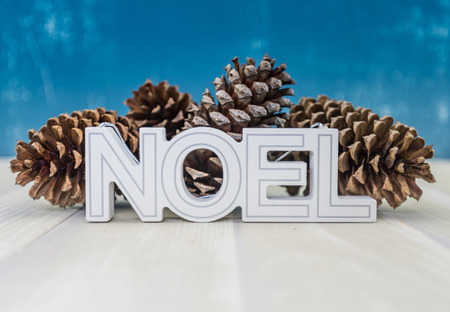 Noel Block Text with Pine Cones Straight On over neutral table topの写真素材