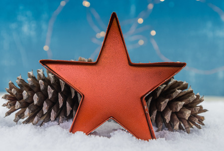 Tin Star Ornament with Pine Cones on snowの写真素材