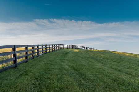 Black Fence Leads Over Grassy Hill in Summerの写真素材