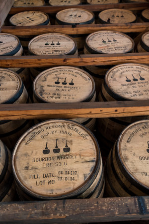 Versailles, United States: May 3, 2017: Racks of Bourbon Barrels in Warehouse Along Kentucky Bourbon...
