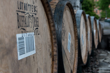 Frankfurt, United States: May 4, 2017: Line of Barrels at Buffalo Trace Distilleryのeditorial素材