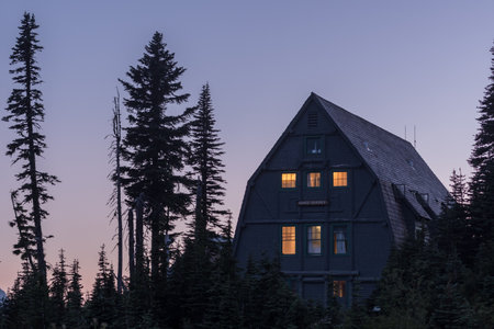 Mount Rainier Guide Service Building at Sunset in busy hiking seasonのeditorial素材