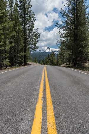 Road Through Pine Trees with Lassen Peak Peeking in Middleの写真素材