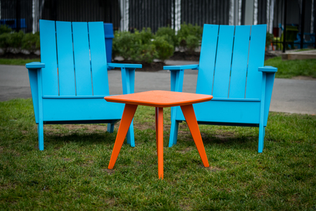 Modern Plastic Adirondak  Chairs painted in fun colorsの写真素材