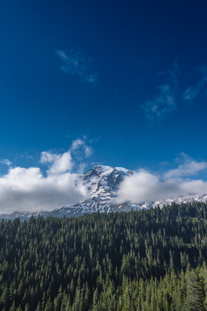 Cloudy Mount Rainier and Deep Blue Sky in summerの写真素材