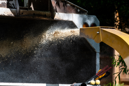 Wood Chips Shoot From Chipper as it turns tree into mulchの写真素材