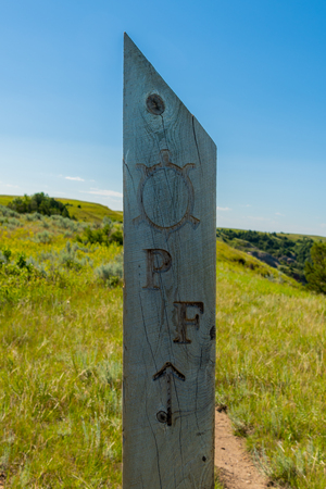 Petrified Forest Trail Marker points hikers toward the pathの写真素材