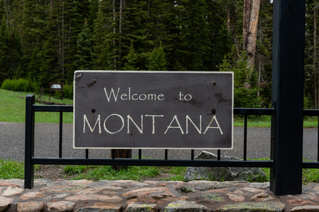 Welcome to Montana sign at Wyoming and Montana borderの写真素材