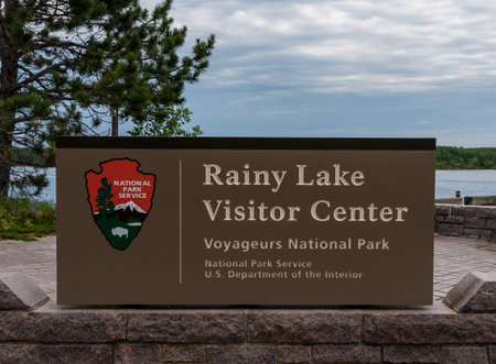International Falls, United States: July 8, 2018: Rainy Lake Visitor Center Signのeditorial素材
