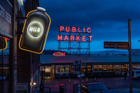 October 6, 2018: Seattle, United States: Neon Lights at Pikes Place Market in Seattle