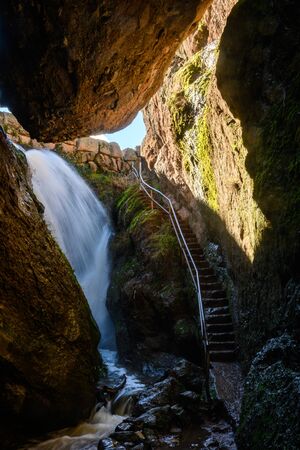 Water Pours Through Talus Walls in Pinnacles National Park due to high waters in the resevoirの写真素材
