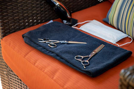 Gear for a Covid Hair Cut on a back patioの写真素材
