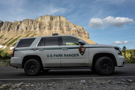 Glacier National Park, Montana, US: July 21, 2020: US Park Ranger Vehicle patrolling the Going to the Sun Roadのeditorial素材