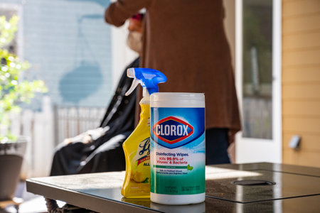 Athens, GA, United States: May 6, 2020: Clorox and Lysol on table at outdoor hair apppointment provide a safer way to complete daily chores during the COVID 19 pandemicのeditorial素材