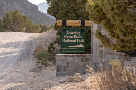 Great Basin National Park, United Sttes: August 8, 2020: Entering Great Basin Sign Next To Gravel Road in remote section of the parkのeditorial素材