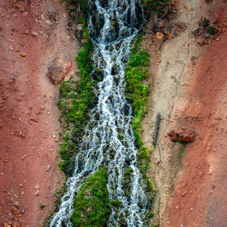 Unnamed Cascade Into Grand Canyon Of The Yellowstone feeds green bushes on steep red cliffs