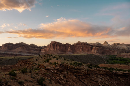 Golden Hour Over Capitol Reef Formations from the Scenic Driveの写真素材