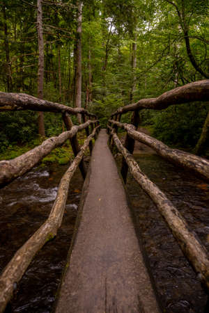 Looking Across Wooden Bridge over wide creek in Great Smoky Mountains National Park