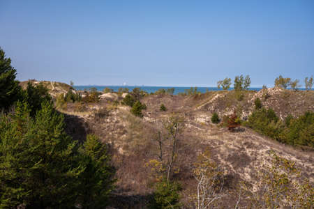 Indiana Dunes National Park with Industrial Park Across The Waters of Lake Michiganの写真素材