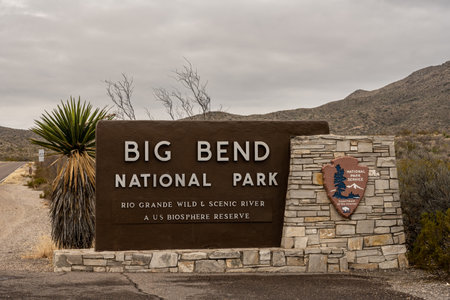 Big Bend National Park, United States: January 20:2021: Big Bend National Park Entry Sign on the northern boundary of the parkのeditorial素材