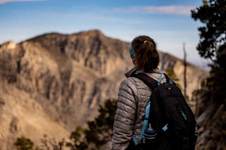 Hiker Looking Across to Hunter Peak in Guadalupe Mountains National Parkの写真素材