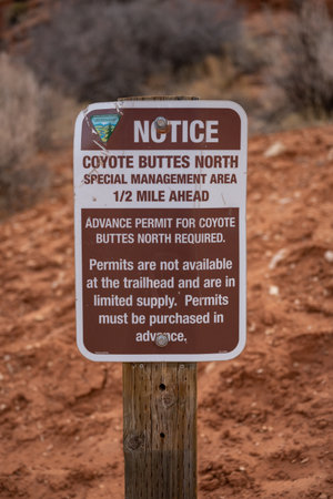 Escalante, United States: February 9, 2021: Permit Warning Sign At The Wave Intersection Reminds Hikers They Must Not Proceed without an official permitのeditorial素材