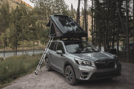 Big Creek Campground, Montana, United States: July 24, 2020: Subaru Forester With Roof Top Tent showcases a new way to find comfort on the roadのeditorial素材