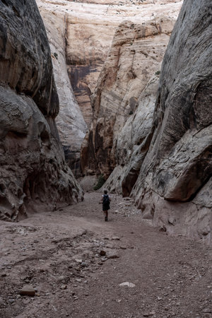 Woman Heads into Grand Wash Canyon in Capitol Reef National Parkの写真素材