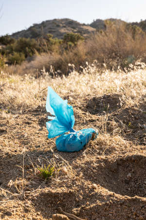 Blue Dog Poop Bag On Trail in Joshua Tree National Parkの写真素材